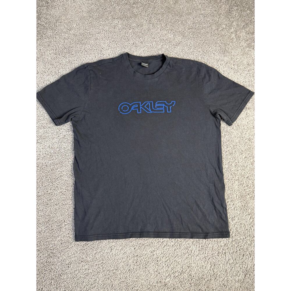 Oakley Shirt Mens L Black Blue Logo Graphic Crew Neck Cotton Short Sleeve